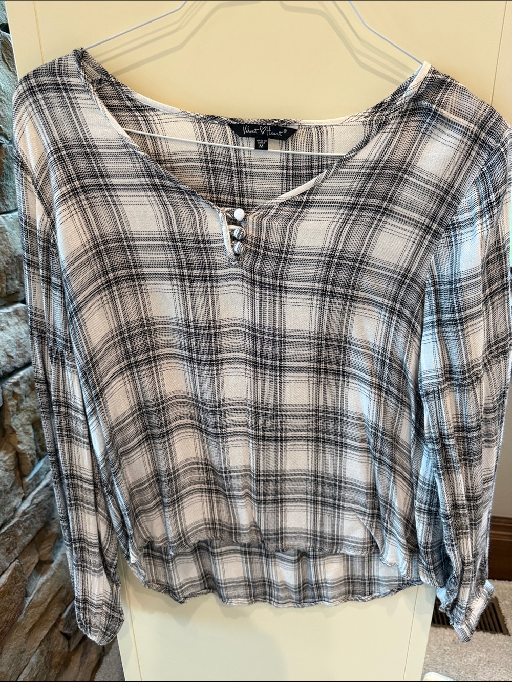 Velvet Heart Black and White Plaid Henley Blouse
